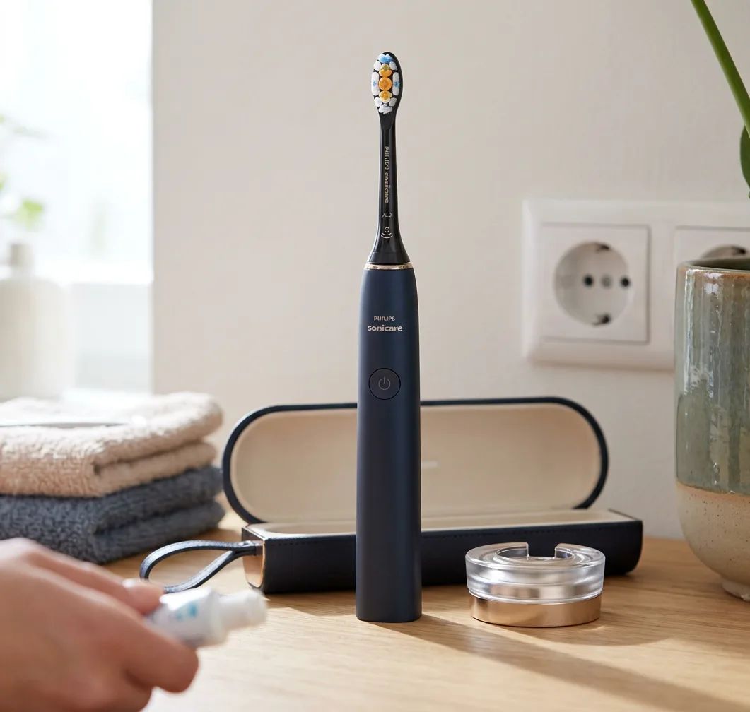 Philips Sonicare DiamondClean Prestige – shown from the side in a calm, tidy setting with soft daylight