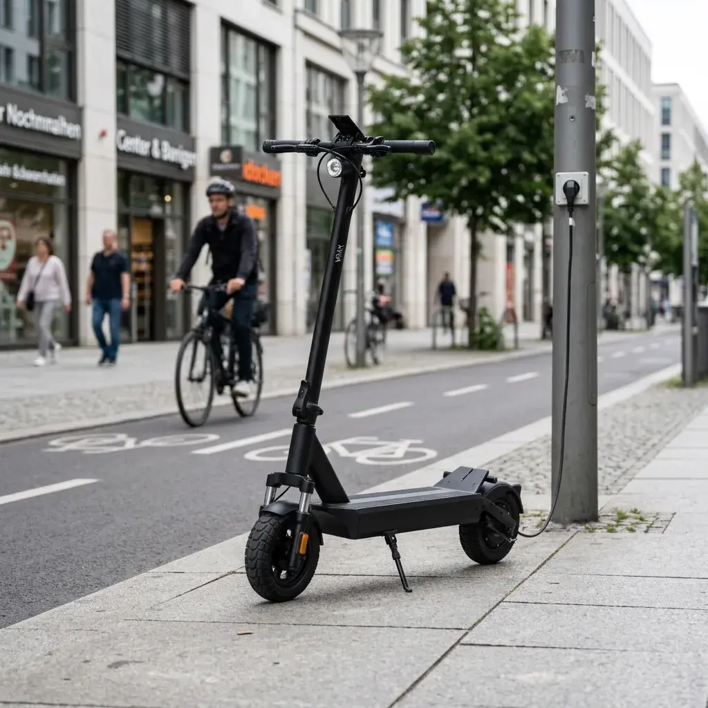 KI-Visualisierung: VMAX VX4 E-Scooter auf einem Gehweg geparkt