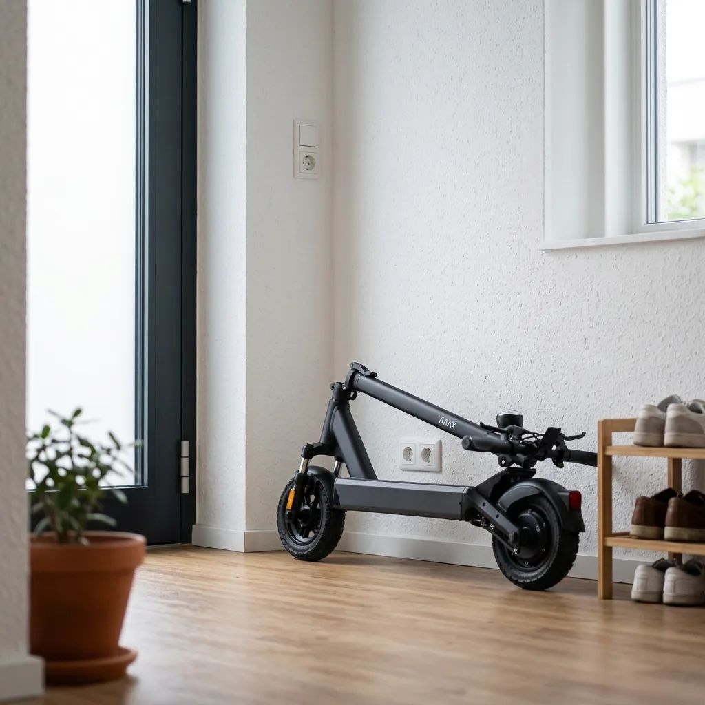 KI-Visualisierung: VMAX VX4 zusammengeklappter E-Scooter an einer Wand