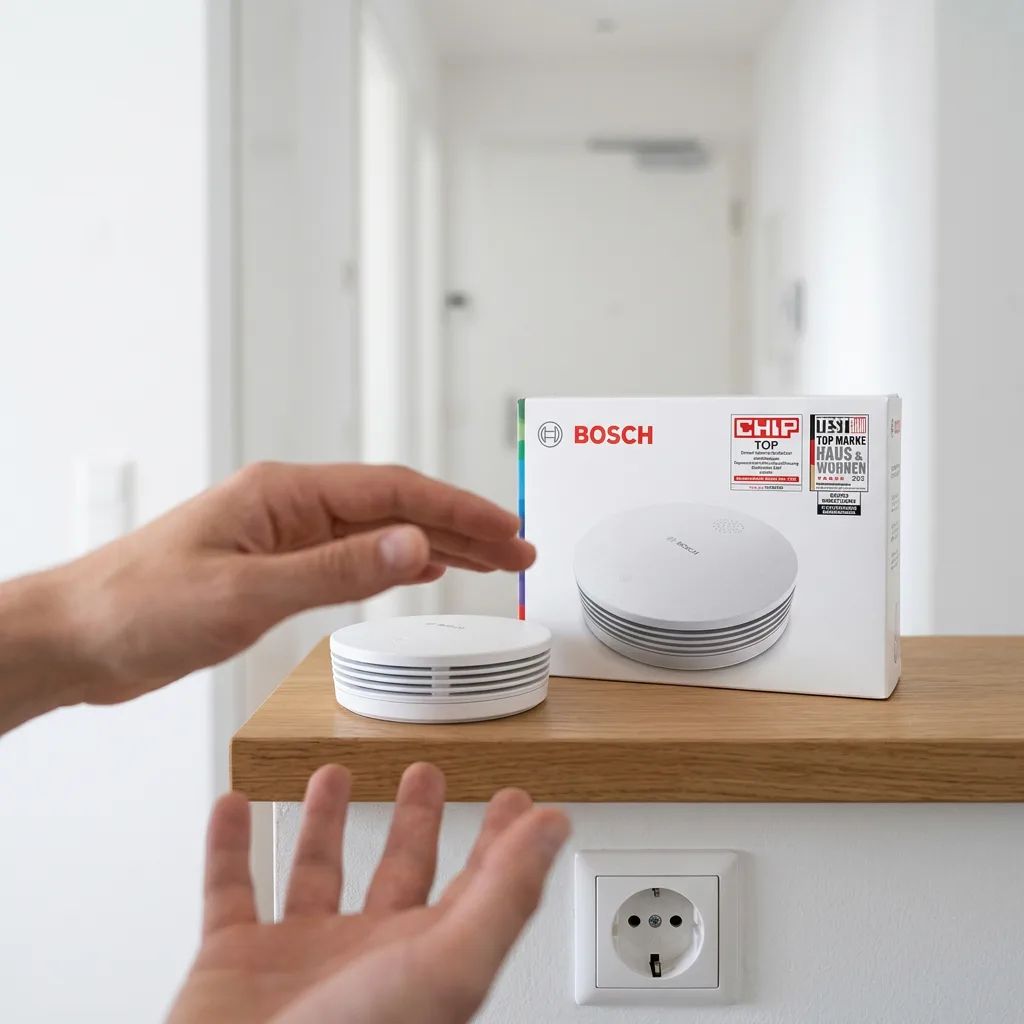 Bosch Rauchwarnmelder II – placed in a clean, well-lit home environment