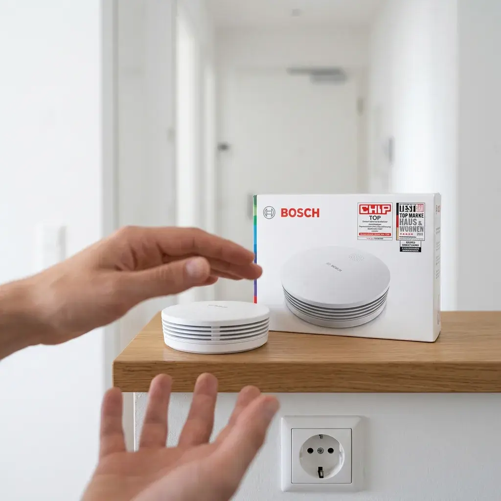 Bosch Rauchwarnmelder II – placed in a clean, well-lit home environment