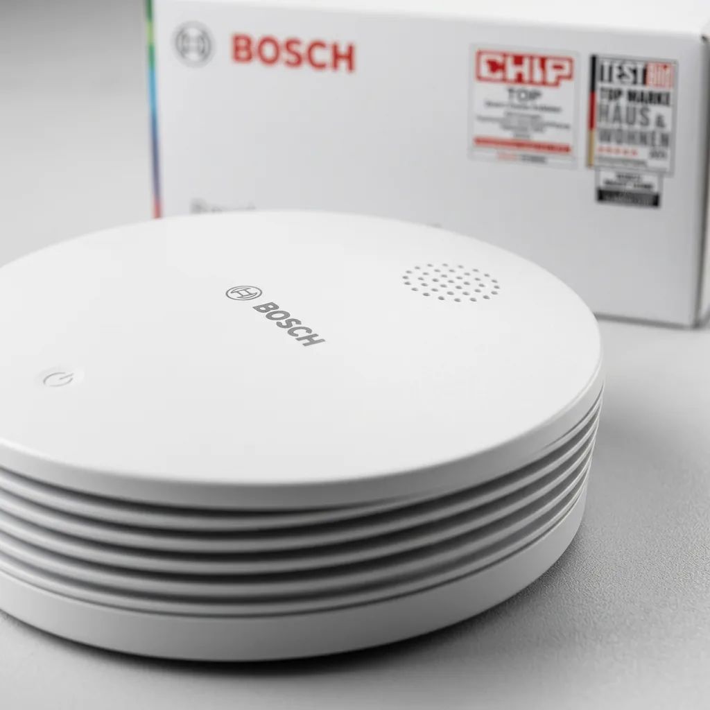 Bosch Rauchwarnmelder II – detailed view of the key features, buttons and design elements