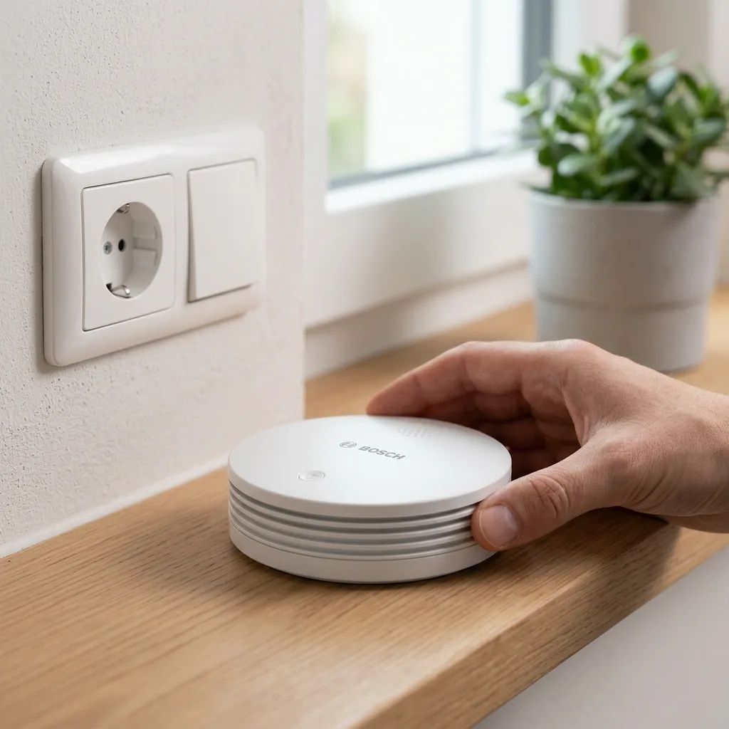 Bosch Rauchwarnmelder II – shown from the side in a calm, tidy setting with soft daylight