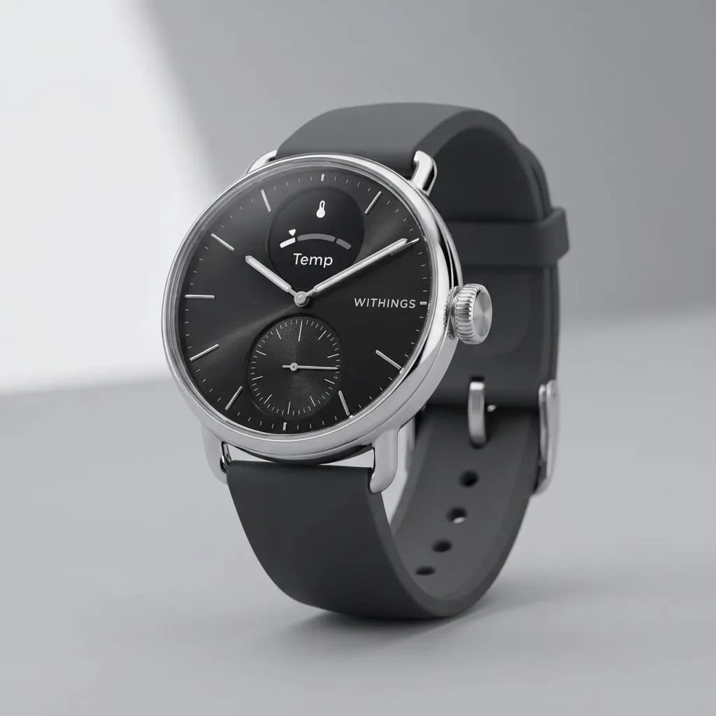 KI-Visualisierung: Withings ScanWatch 2 38mm Schwarz & Silber Armbanduhr auf grauem Untergrund