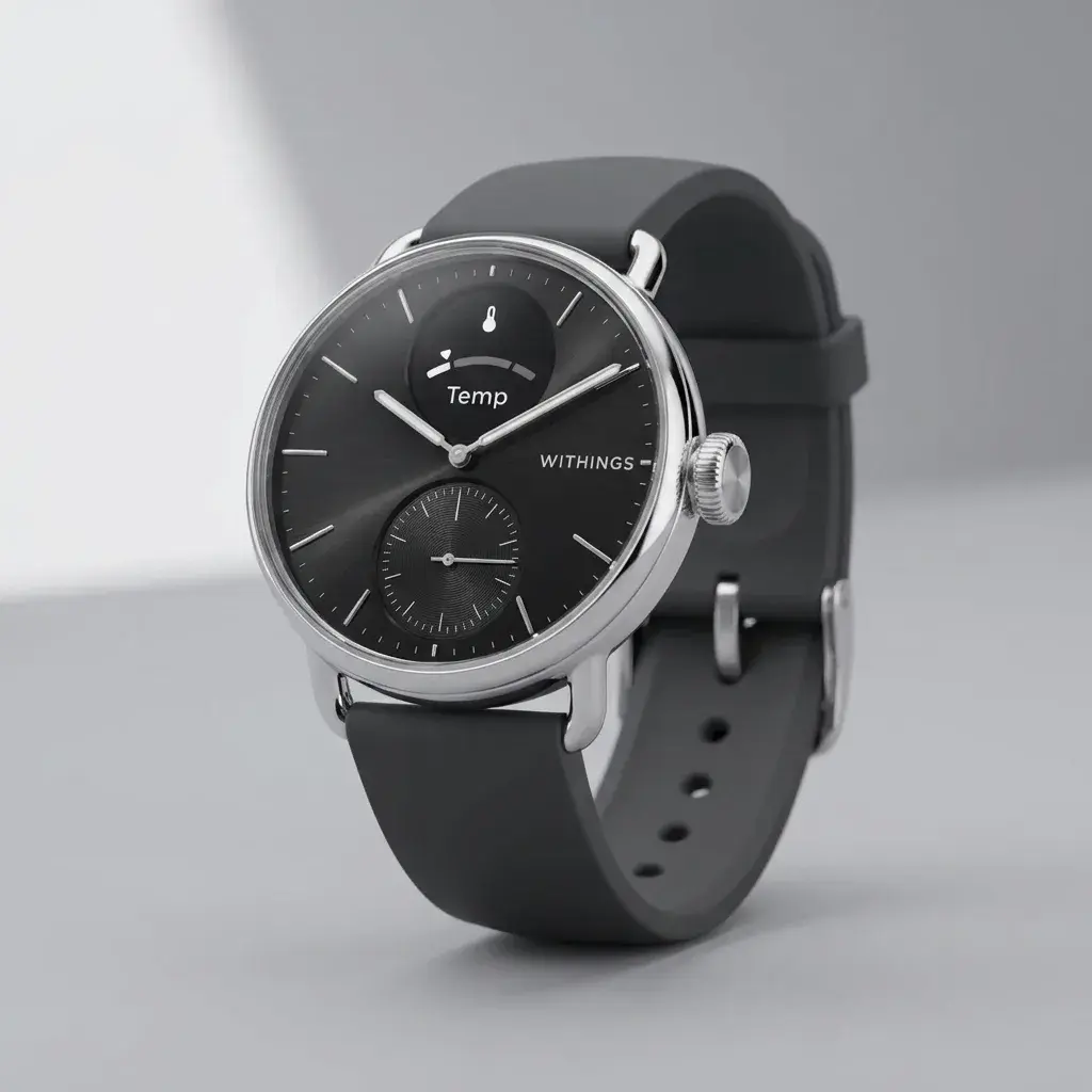 KI-Visualisierung: Withings ScanWatch 2 38mm Schwarz & Silber Armbanduhr auf grauem Untergrund