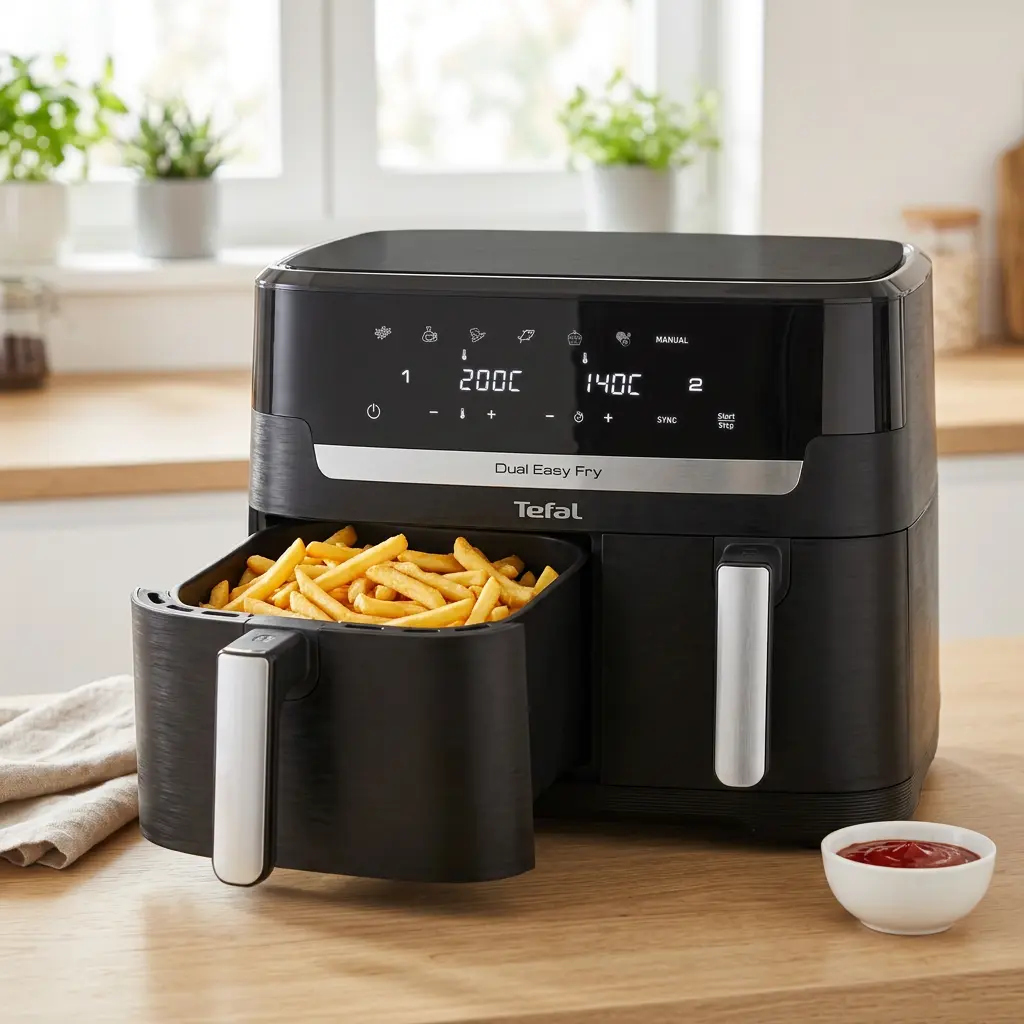KI-Visualisierung: Tefal Dual Easy Fry XXL 11L Heißluftfritteuse EY9428 Pommes in einer offenen Heißluftfritteuse