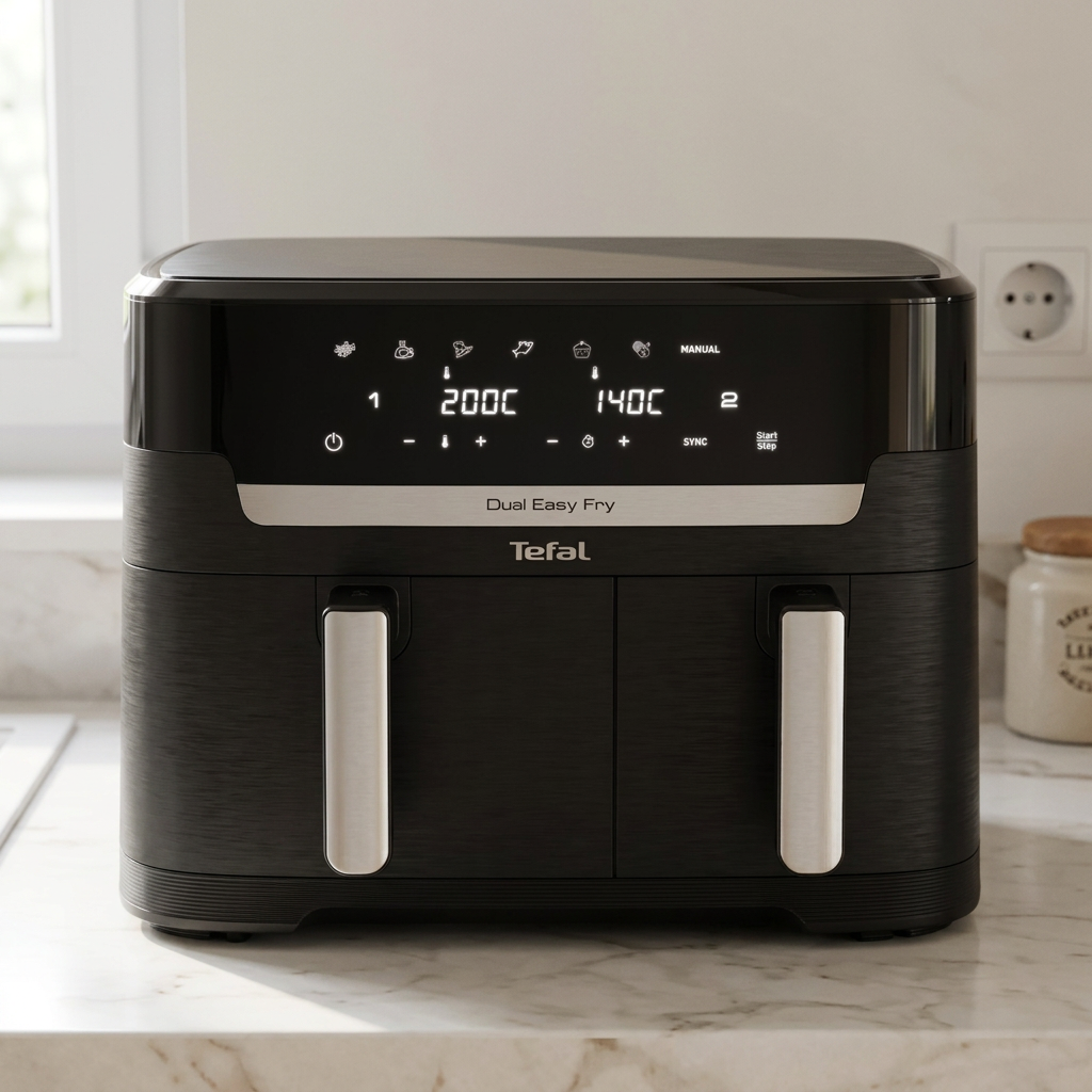 KI-Visualisierung: Tefal Dual Easy Fry XXL 11L Heißluftfritteuse EY9428 Digitales Bedienfeld einer Küchenmaschine