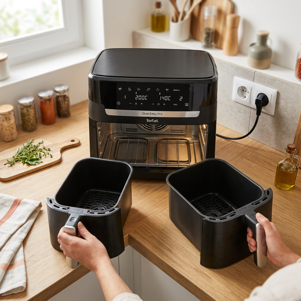 KI-Visualisierung: Tefal Dual Easy Fry XXL 11L Heißluftfritteuse EY9428 Offene Heißluftfritteuse mit entnommenem Korb