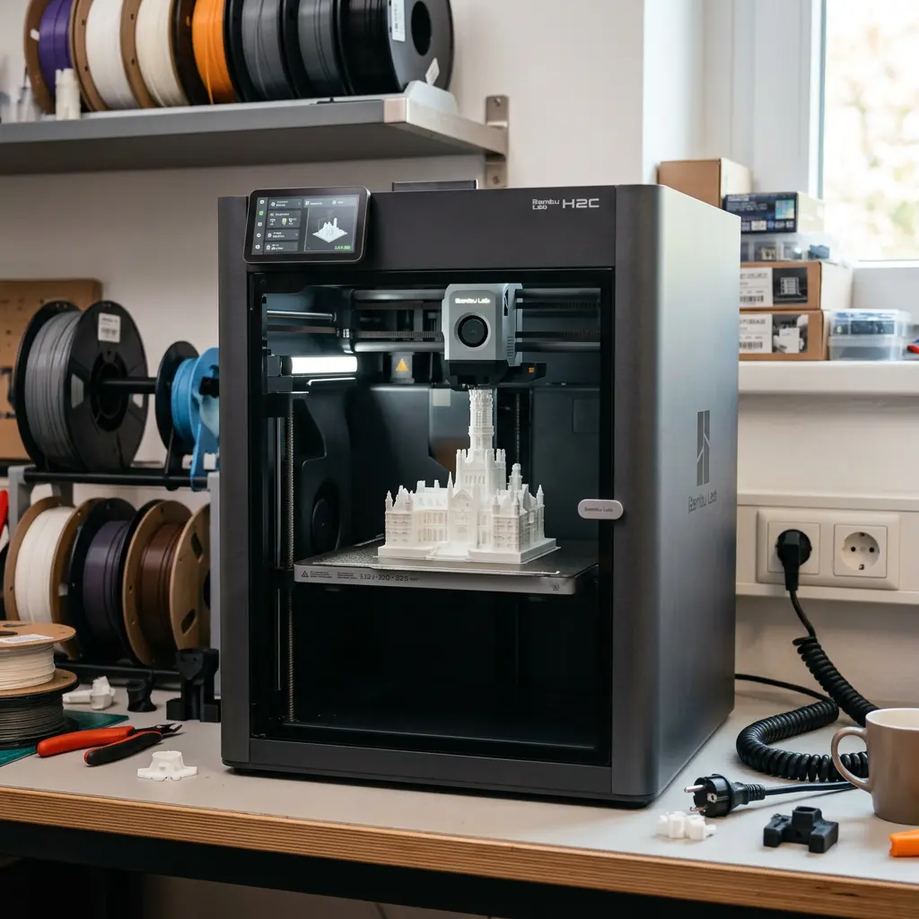 KI-Visualisierung: Bambu Lab H2C 3D-Drucker beim Erstellen eines Modells