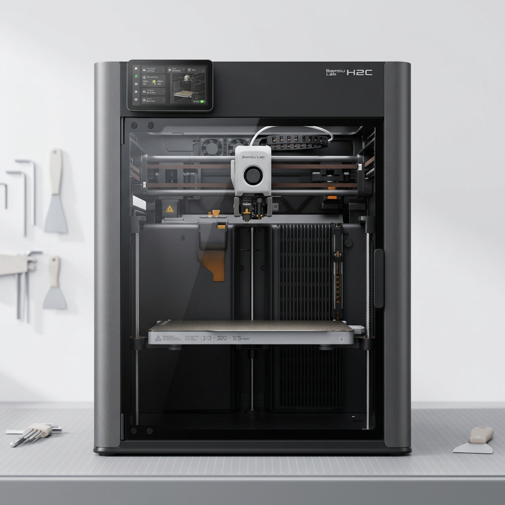 KI-Visualisierung: Bambu Lab H2C Bedienelemente und Extruder des 3D-Druckers