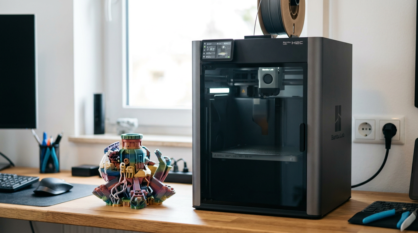 KI-Visualisierung: Bambu Lab H2C 3D-Druck neben Drucker auf Schreibtisch