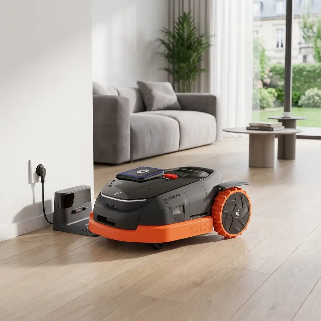 KI-Visualisierung: Segway Navimow X315 Mähroboter in heller Innenraumumgebung