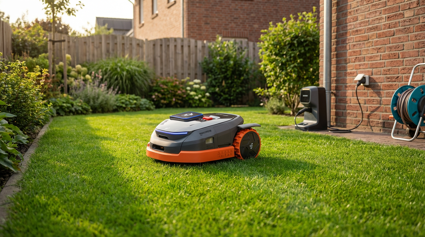 KI-Visualisierung: Segway Navimow X315 Mähroboter im realen Außeneinsatz