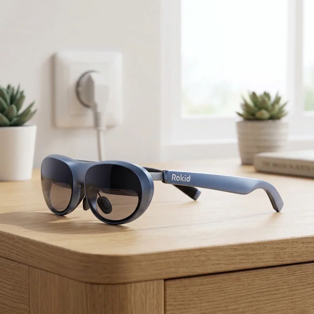 Rokid Max – shown from the side in a calm, tidy setting with soft daylight