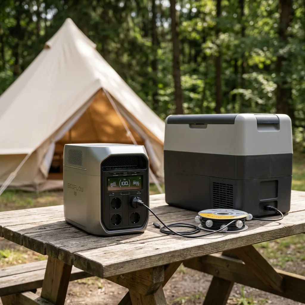 KI-Visualisierung: EcoFlow DELTA 3 Serie Stromversorgung für Kühlbox und Licht