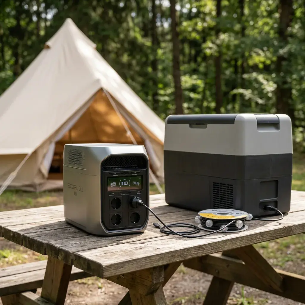 KI-Visualisierung: EcoFlow DELTA 3 Serie Stromversorgung für Kühlbox und Licht