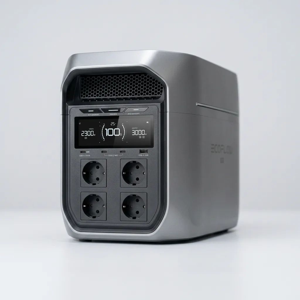 KI-Visualisierung: EcoFlow DELTA 3 Serie Anschlüsse und Display einer Powerstation