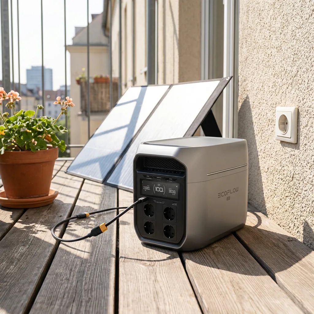 KI-Visualisierung: EcoFlow DELTA 3 Serie Solarladung einer Powerstation am Balkongeländer