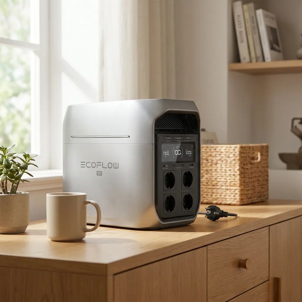 KI-Visualisierung: EcoFlow DELTA 3 Serie Powerstation auf einem hellen Holzsideboard