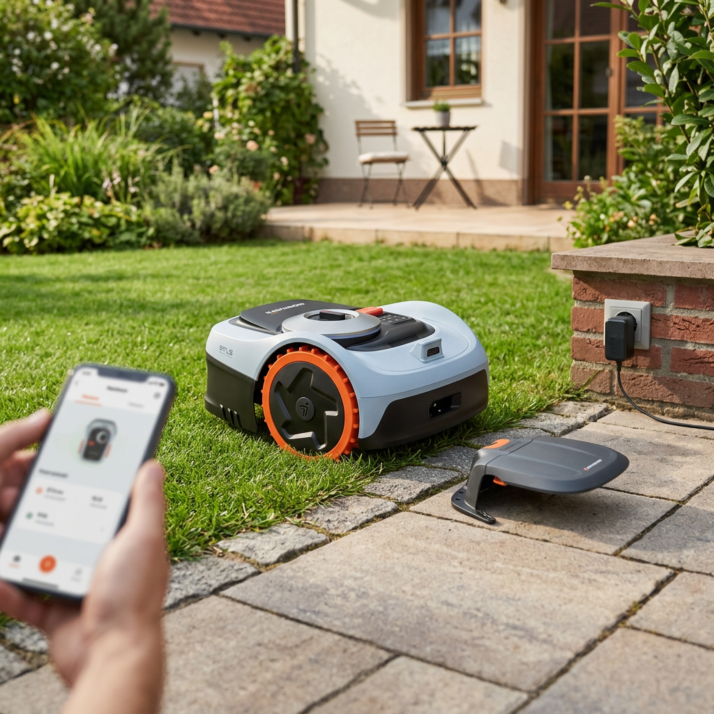 KI-Visualisierung: Segway Navimow i105E Mähroboter im Einsatz auf Rasenfläche