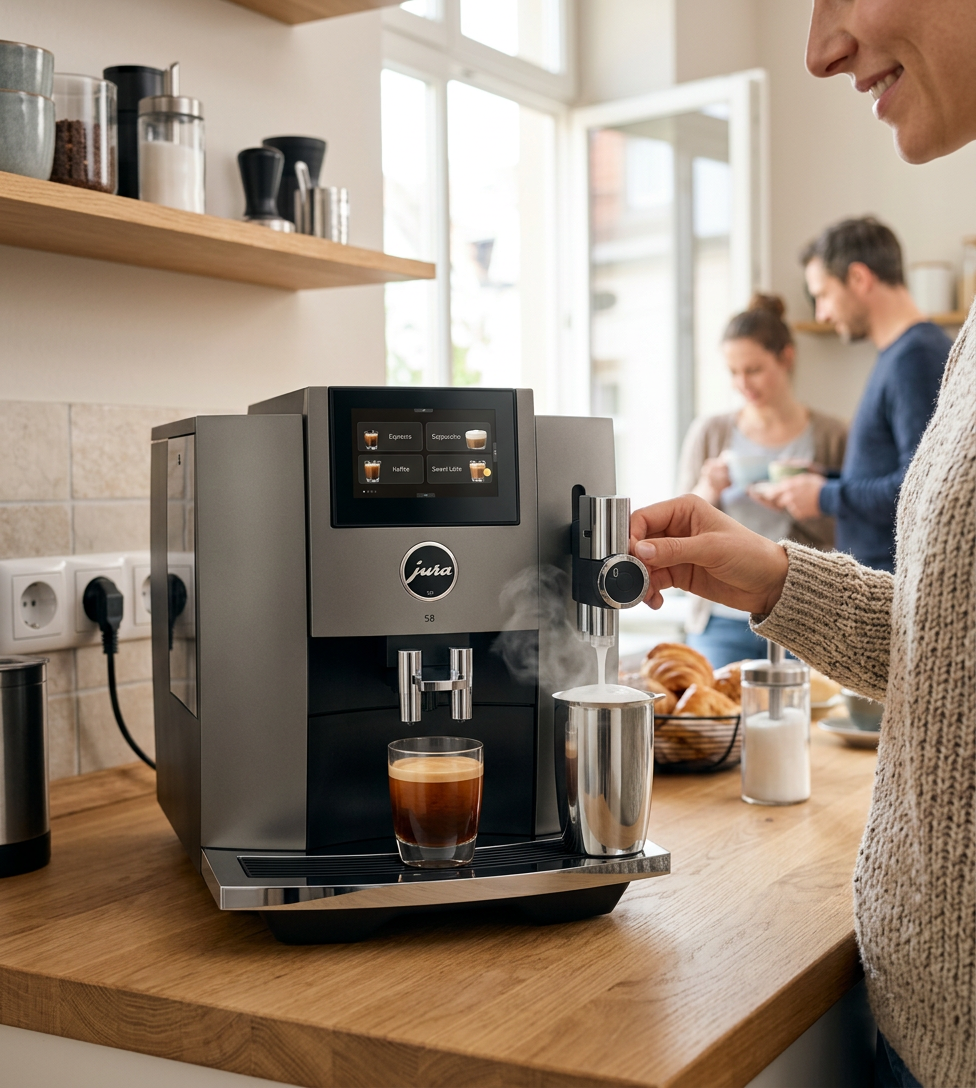 KI-Visualisierung: Jura S8 Kaffeevollautomat in der Küche genutzt
