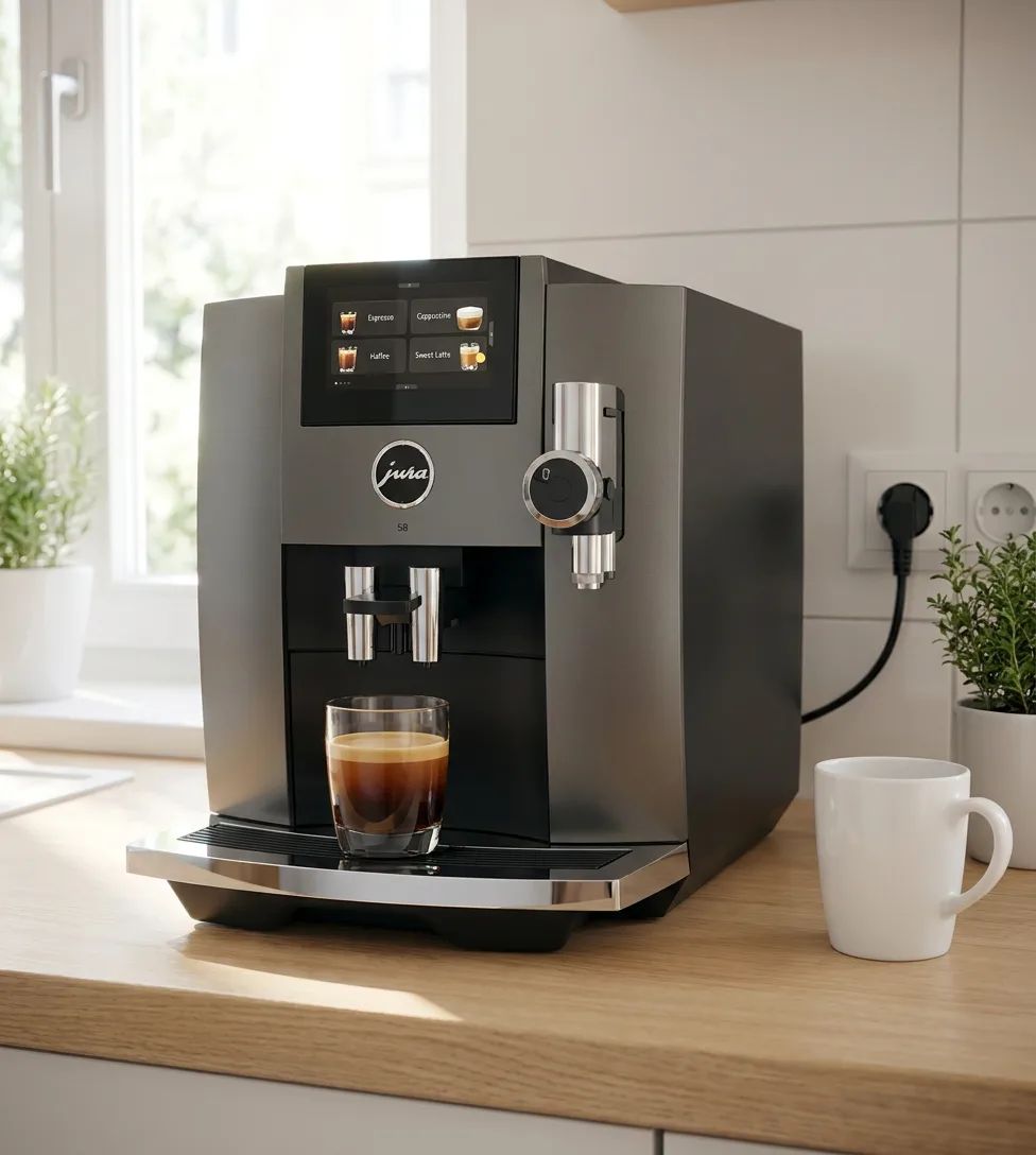KI-Visualisierung: Jura S8 Kaffeevollautomat auf einer hölzernen Küchenzeile