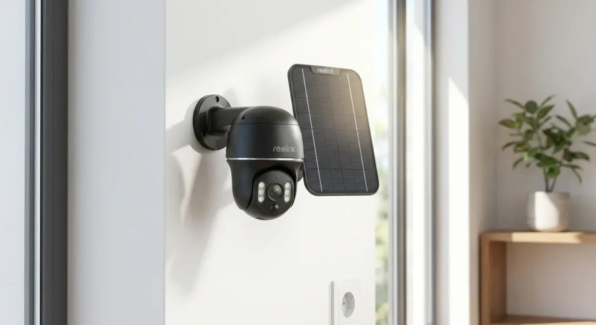 KI-Visualisierung: Reolink Altas PT Ultra Überwachungskamera mit Solarpanel an einer Wand