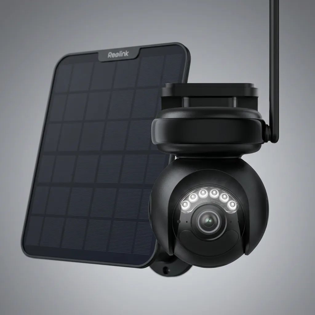 KI-Visualisierung: Reolink Altas PT Ultra Überwachungskamera mit Solarpanel vor grauem Hintergrund