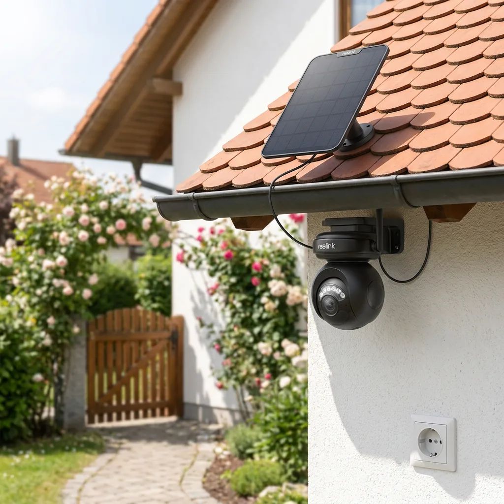 KI-Visualisierung: Reolink Altas PT Ultra Außenkamera mit Solarpanel an einer Hauswand