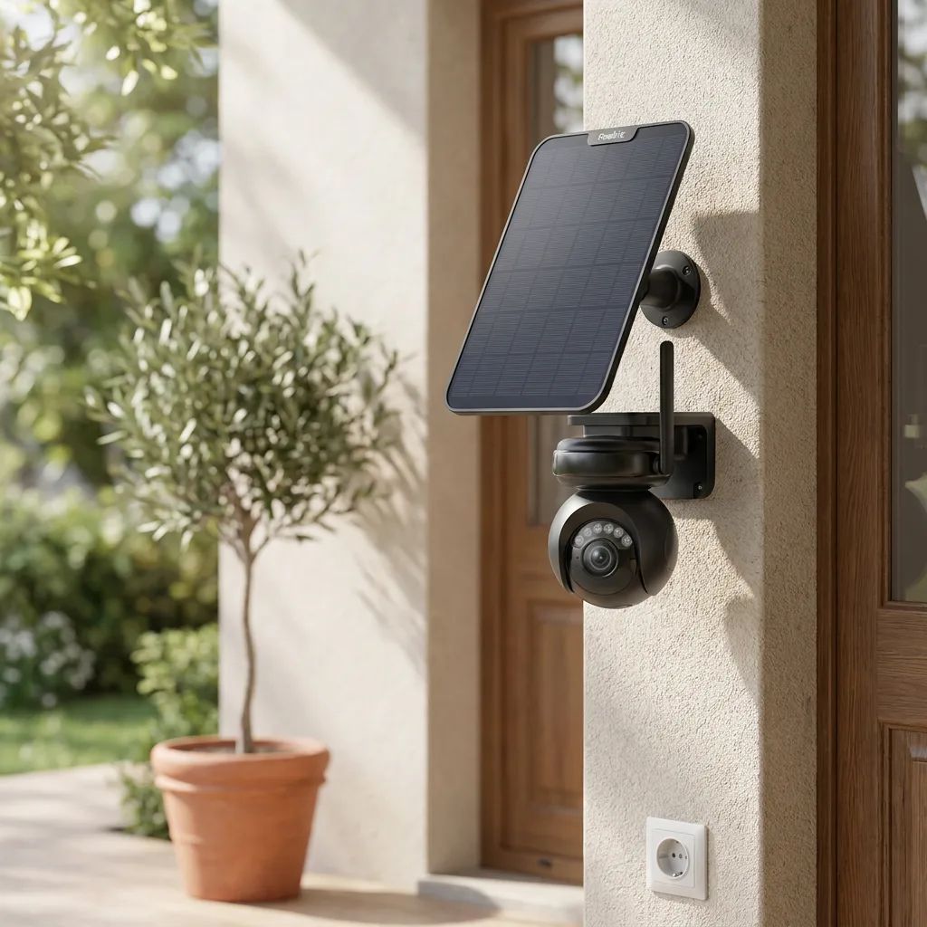 KI-Visualisierung: Reolink Altas PT Ultra Außenkamera mit Solarpanel an einer Hauswand