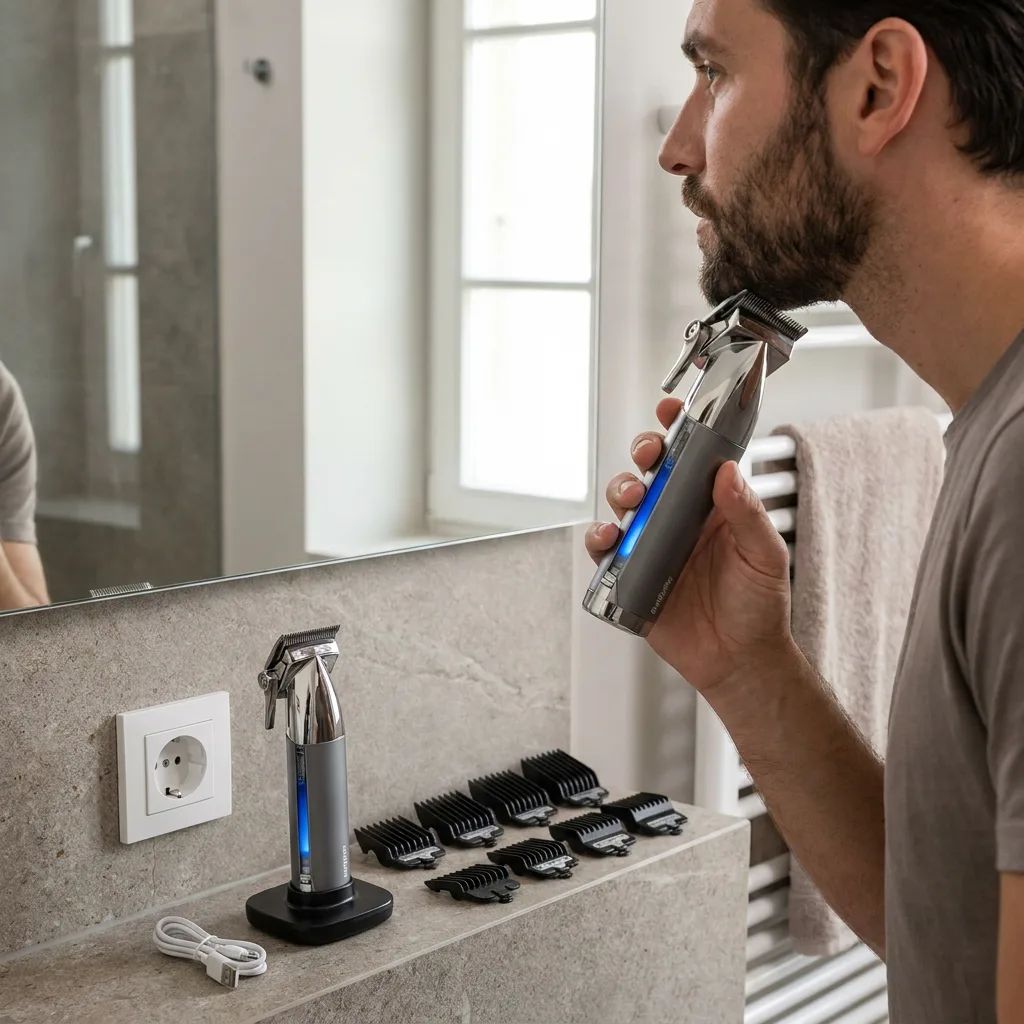 KI-Visualisierung: BaByliss Super-X Metal Series Mann stutzt Bart im Badezimmer