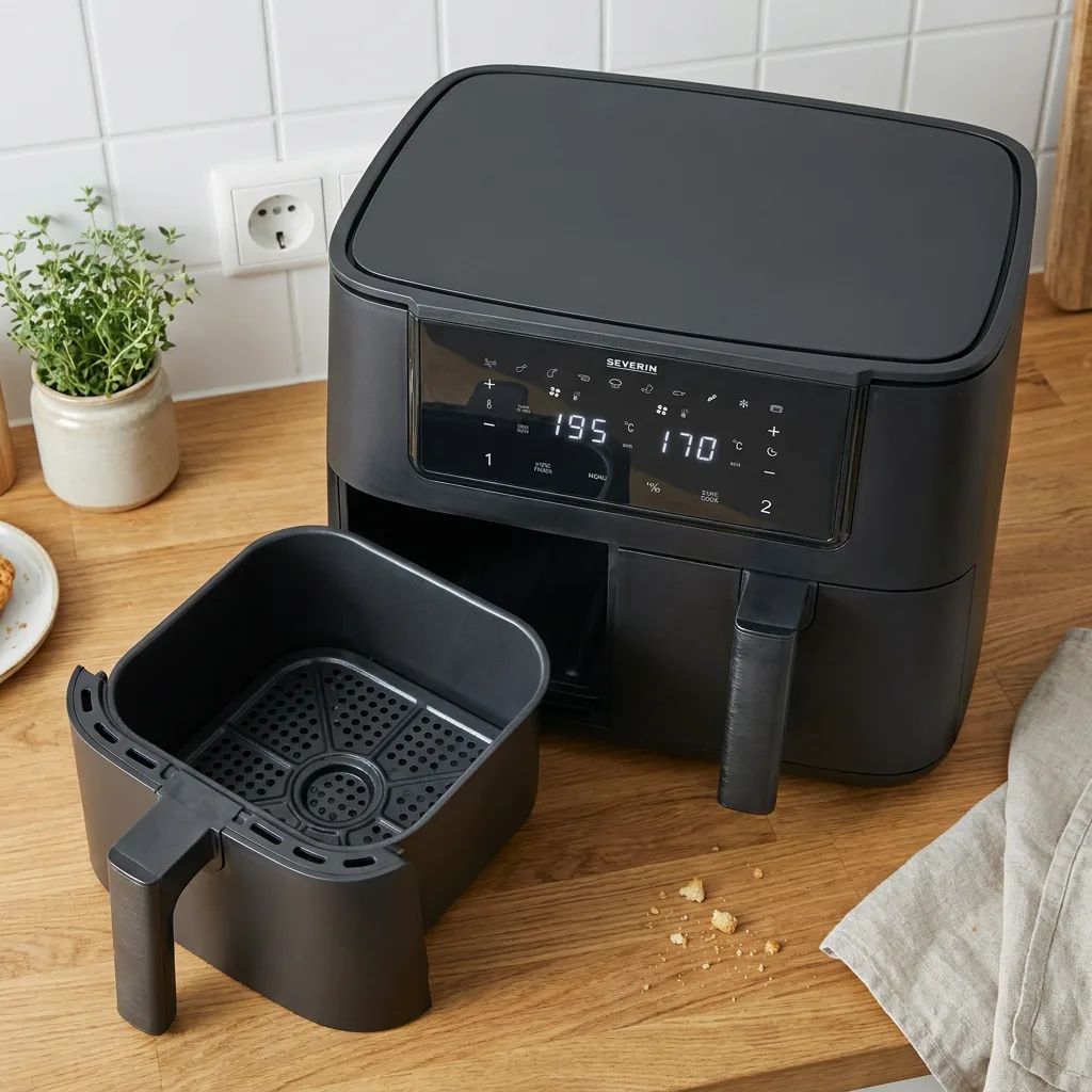 KI-Visualisierung: Severin Heißluftfritteuse Black Line Single XXL Heißluftfritteuse auf einer hölzernen Arbeitsplatte