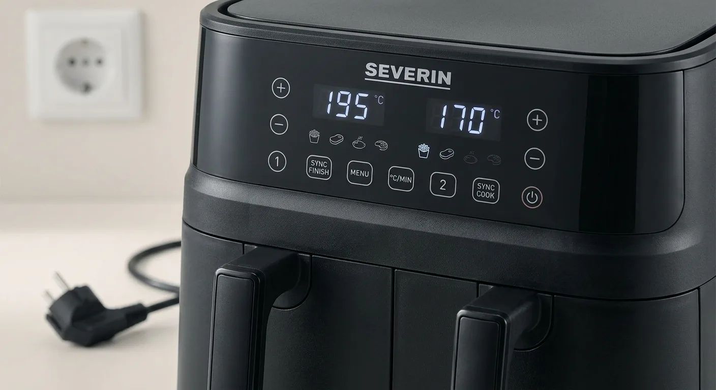 KI-Visualisierung: Severin Heißluftfritteuse Black Line Single XXL Heißluftfritteuse auf einer hellen Arbeitsplatte