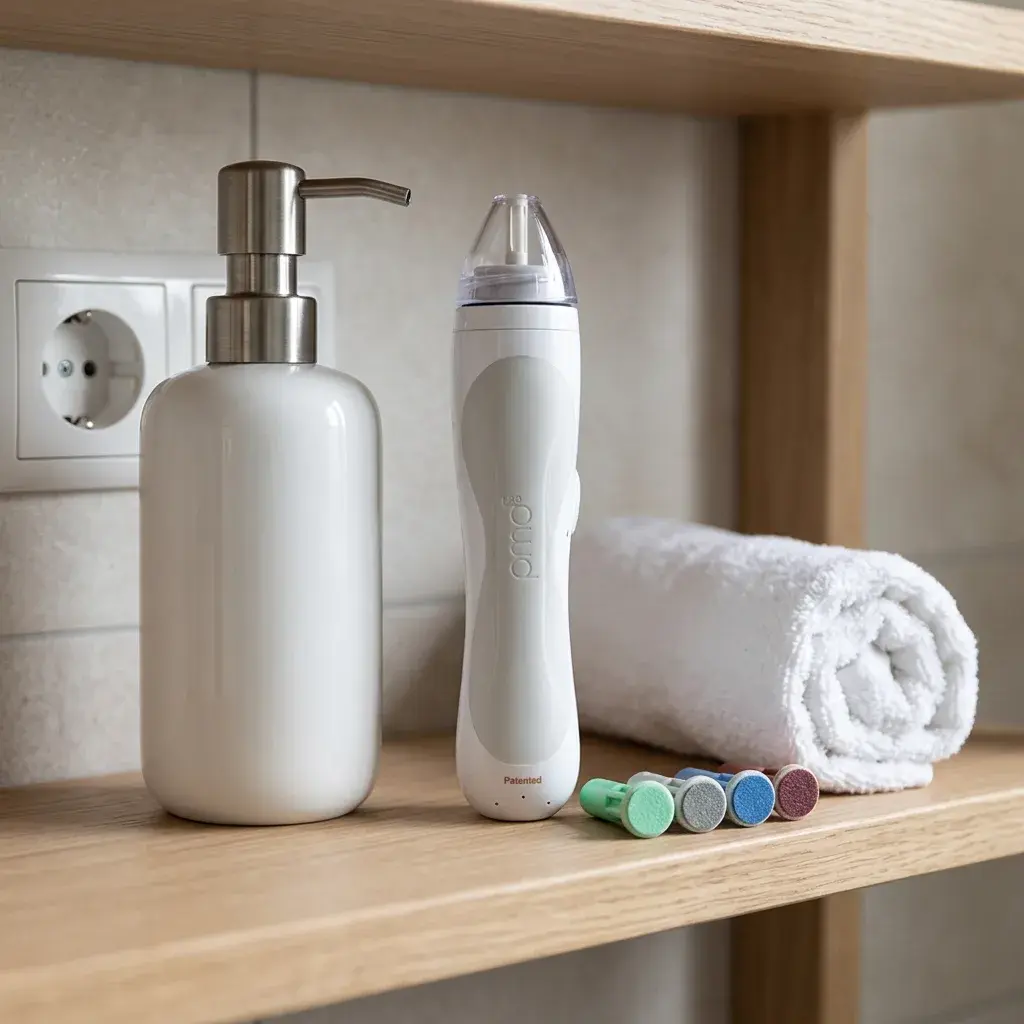 PMD Beauty Personal Microderm Pro – placed on the shelf next to the soap dispenser — the device must be visibly SHORTER than…