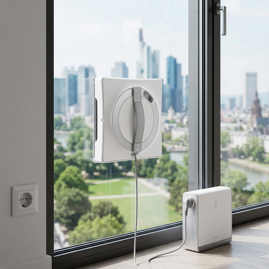 KI-Visualisierung: Ecovacs WINBOT W2 OMNI Fensterputzroboter reinigt eine Glasscheibe