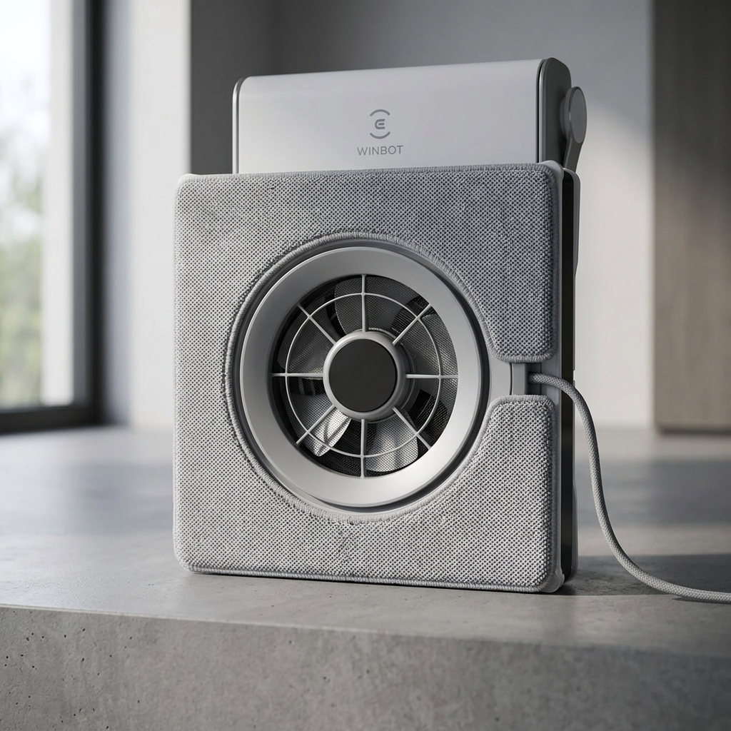KI-Visualisierung: Ecovacs WINBOT W2 OMNI Saugmechanismus und Reinigungspads im Detail