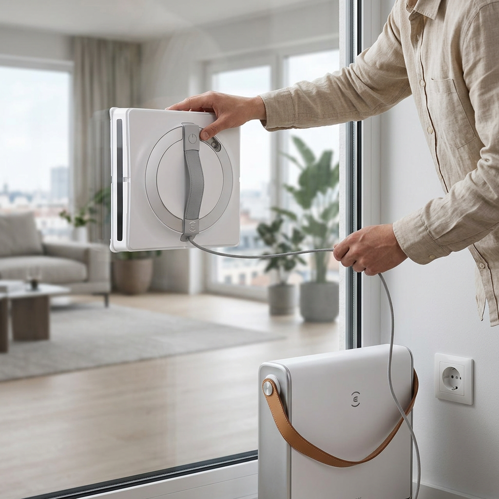 KI-Visualisierung: Ecovacs WINBOT W2 OMNI Fensterputzroboter wird an einer Glasscheibe platziert