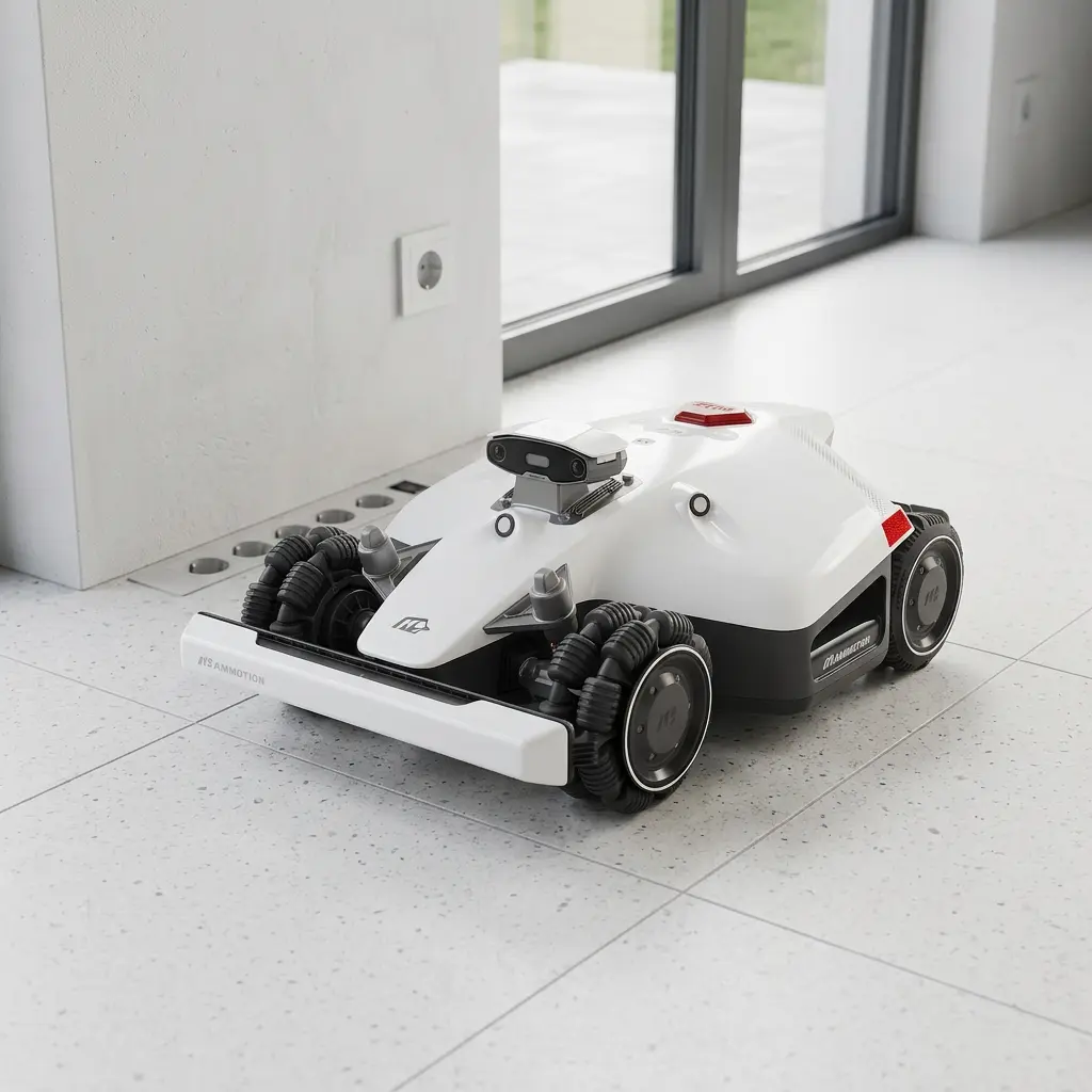 KI-Visualisierung: Mammotion Luba 2 AWD 6000X Mähroboter in heller häuslicher Umgebung