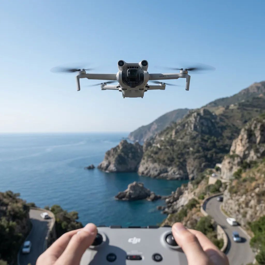 KI-Visualisierung: DJI Mini 5 Pro Schwebende Drohne vor blauem Himmel