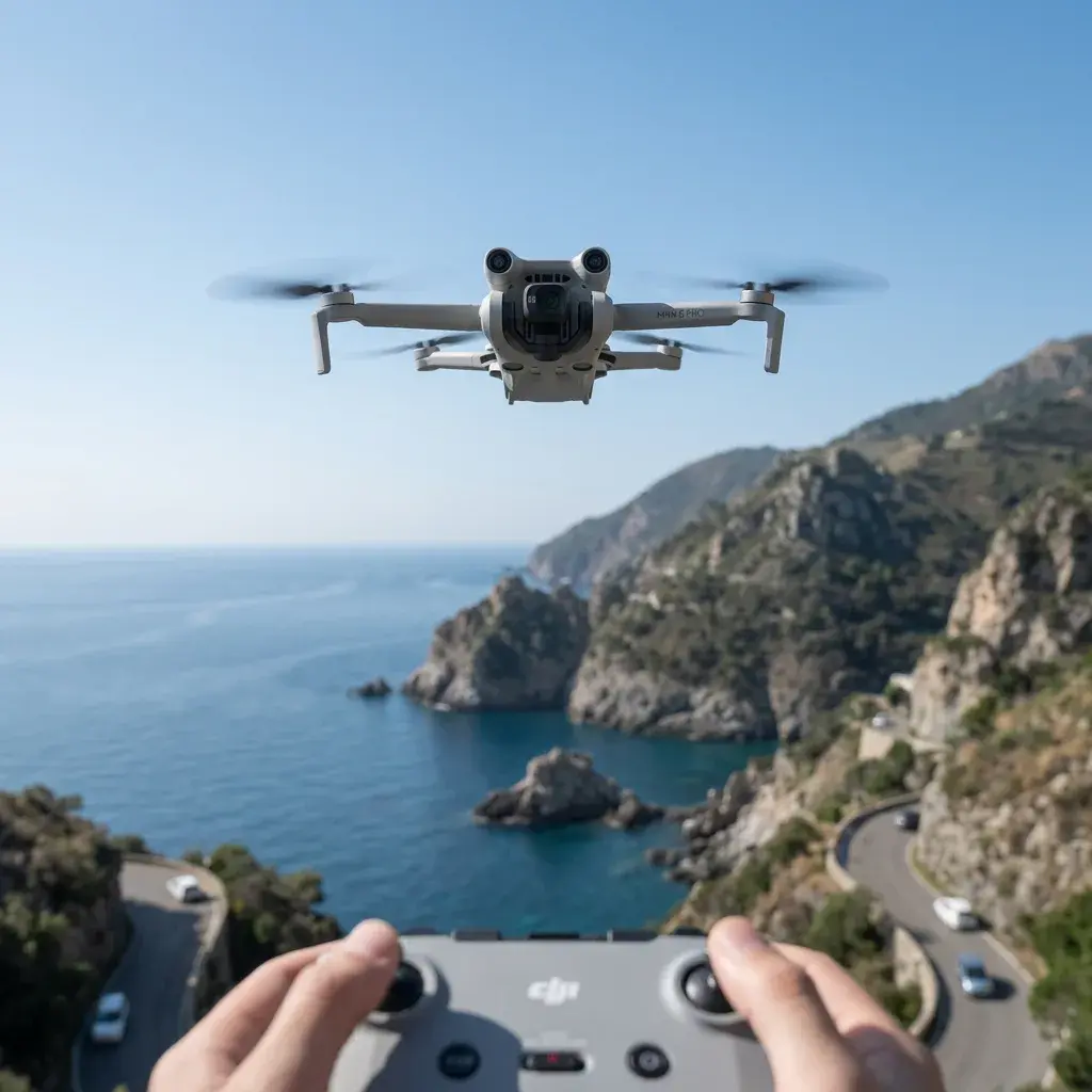 KI-Visualisierung: DJI Mini 5 Pro Schwebende Drohne vor blauem Himmel