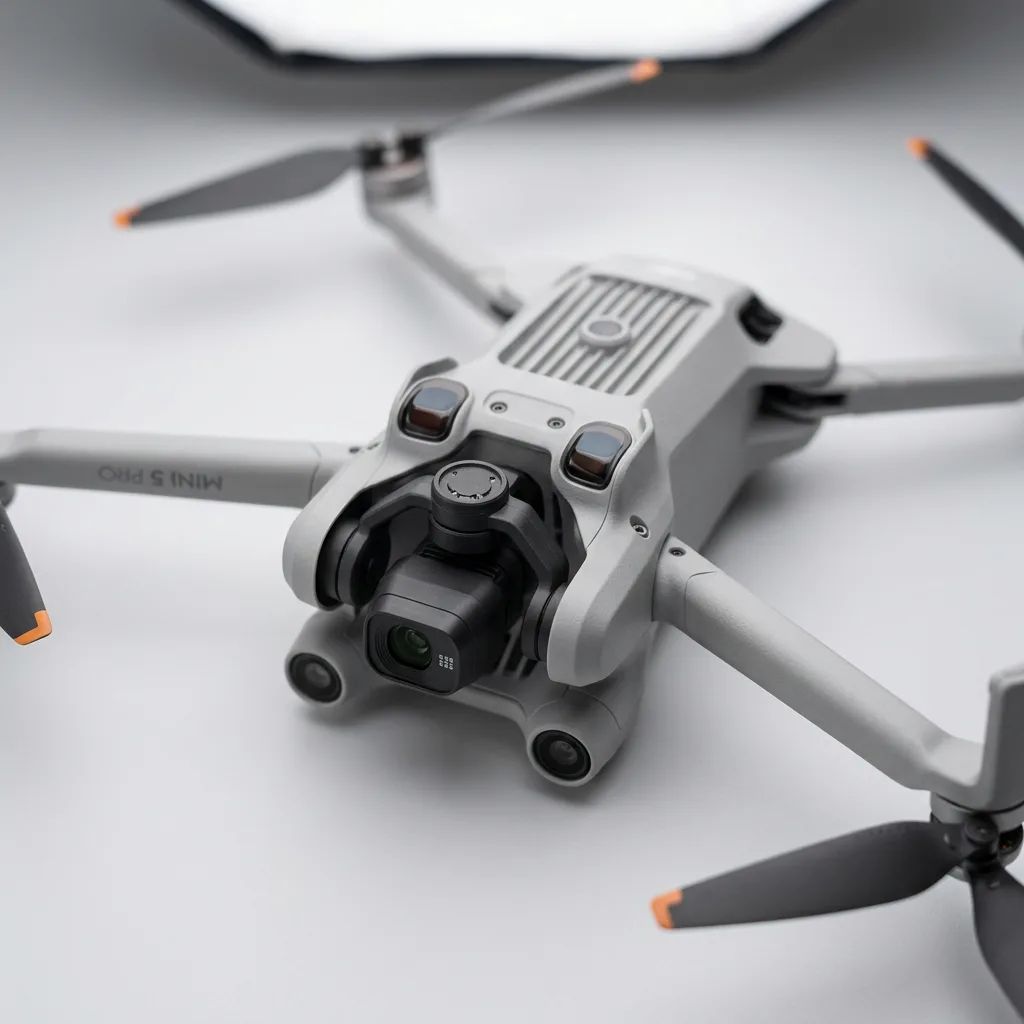 KI-Visualisierung: DJI Mini 5 Pro Detailaufnahme von Kameragimbal und Sensoren