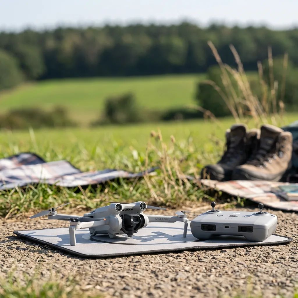 KI-Visualisierung: DJI Mini 5 Pro Kompakt-Drohne neben Fernsteuerung platziert