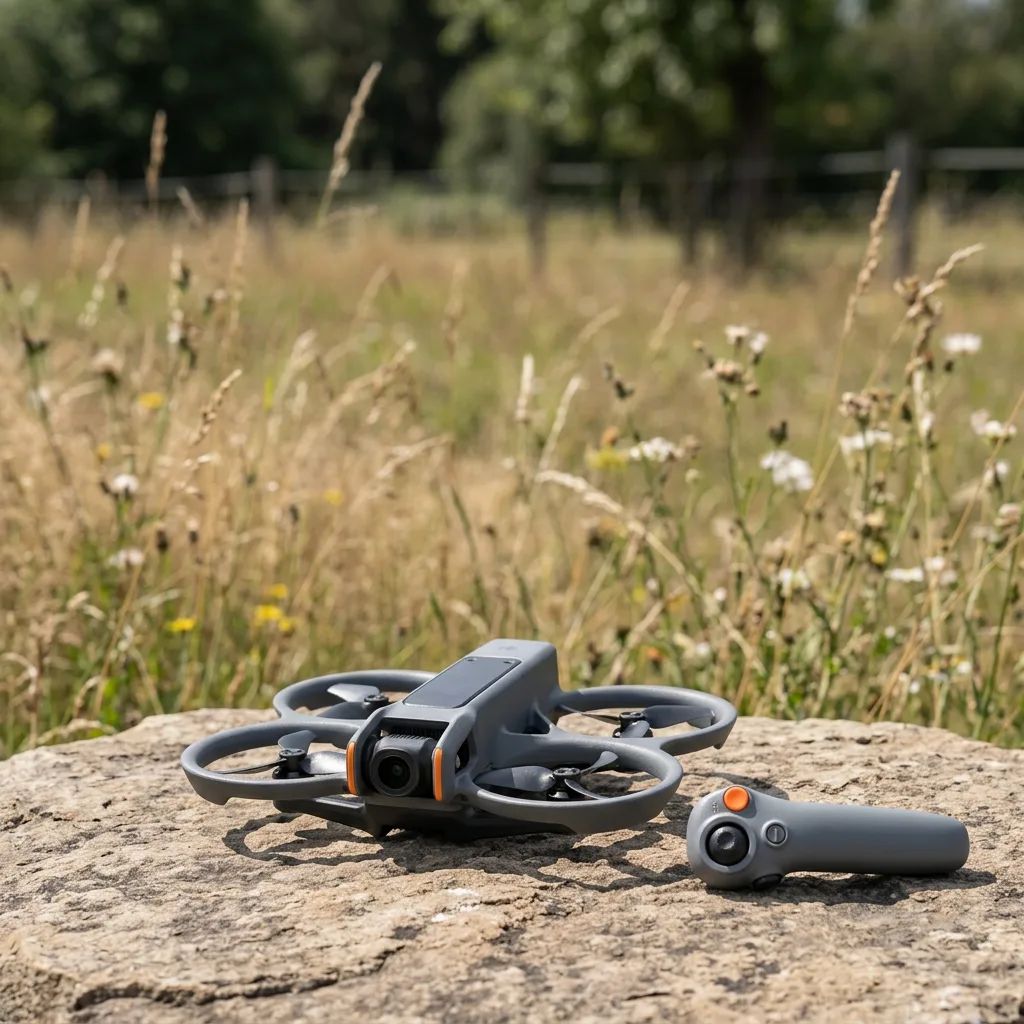 DJI Avata 2 – next to its controller on a flat surface ready for takeoff