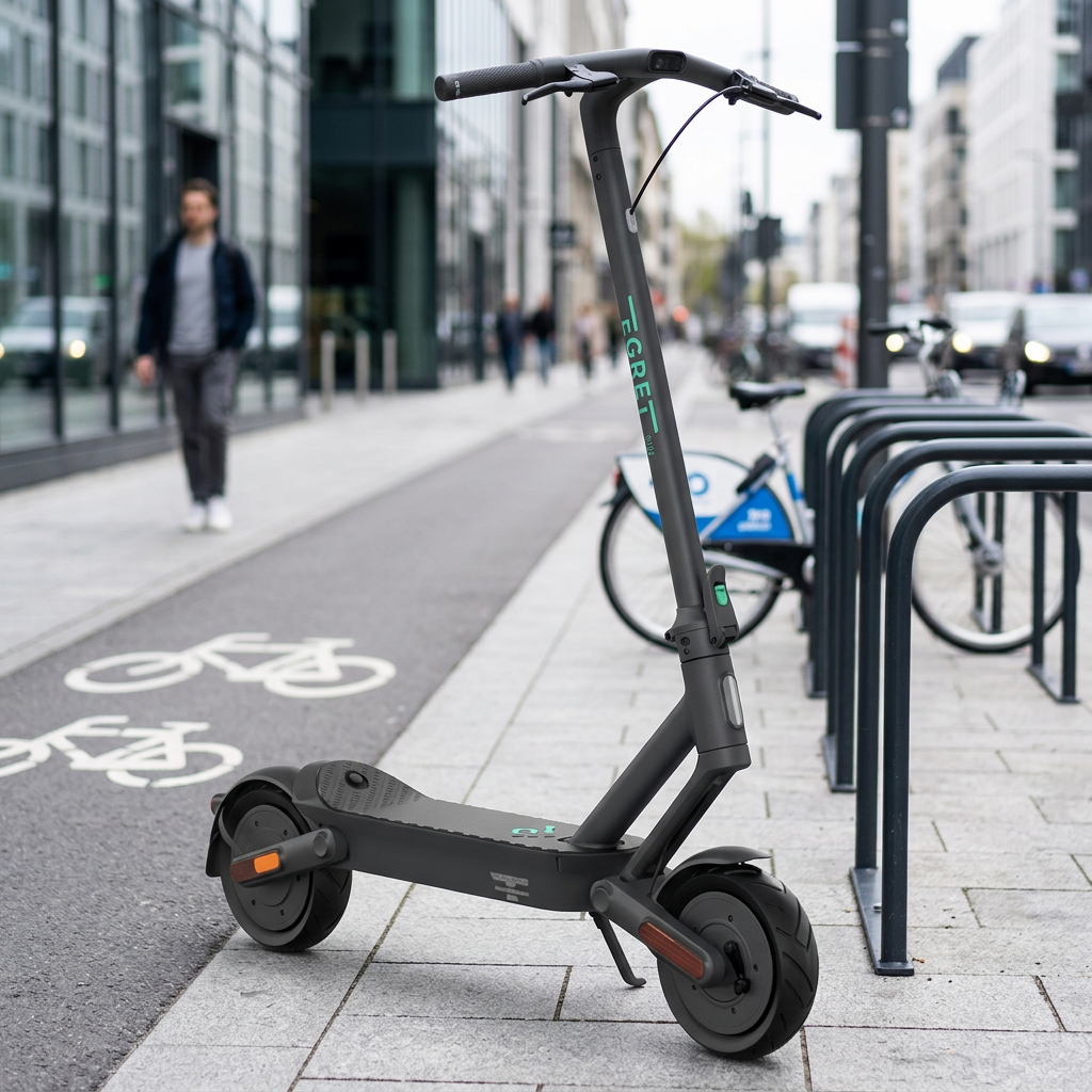 KI-Visualisierung: Egret Ey! 1 E-Scooter auf modernem Gehweg