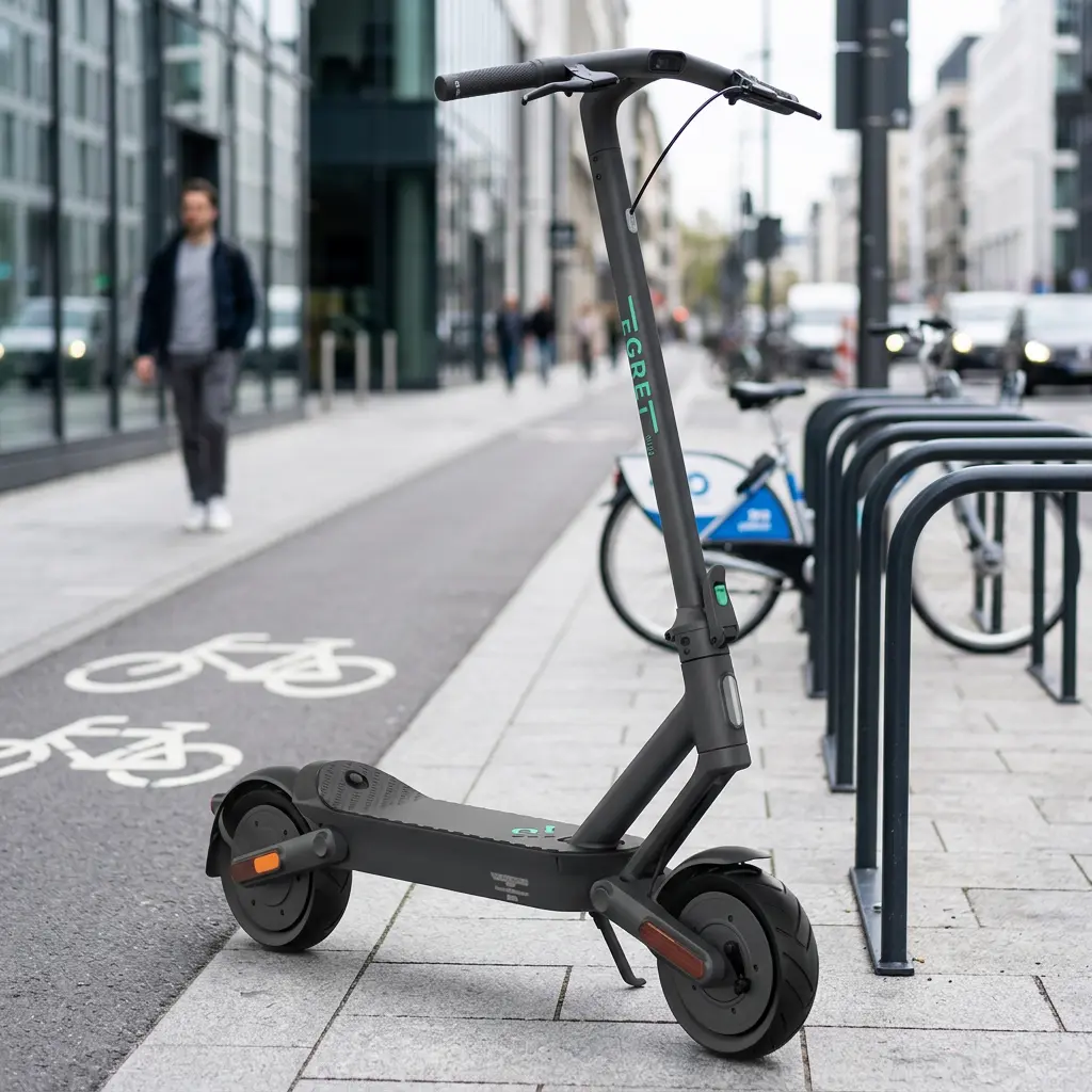 KI-Visualisierung: Egret Ey! 1 E-Scooter auf modernem Gehweg