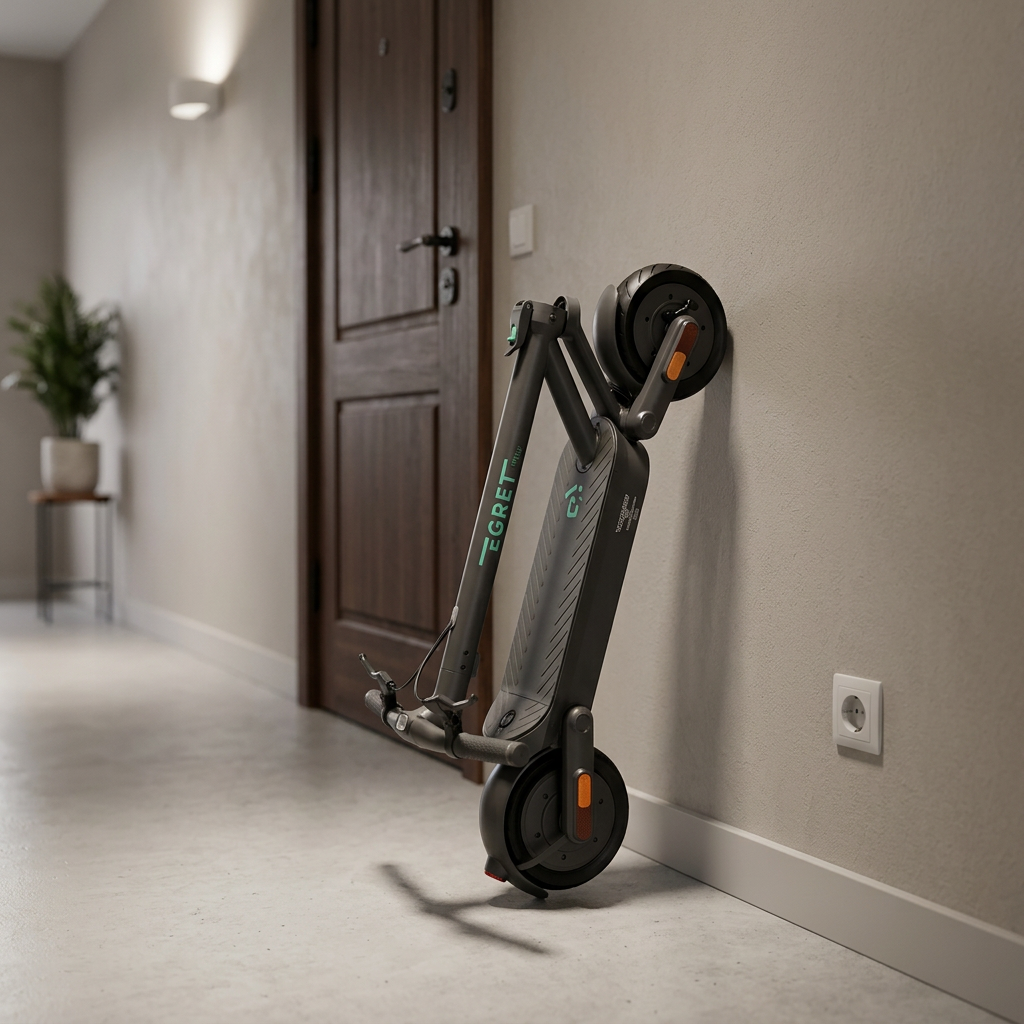 KI-Visualisierung: Egret Ey! 1 Geklappter E-Scooter lehnt an Wand