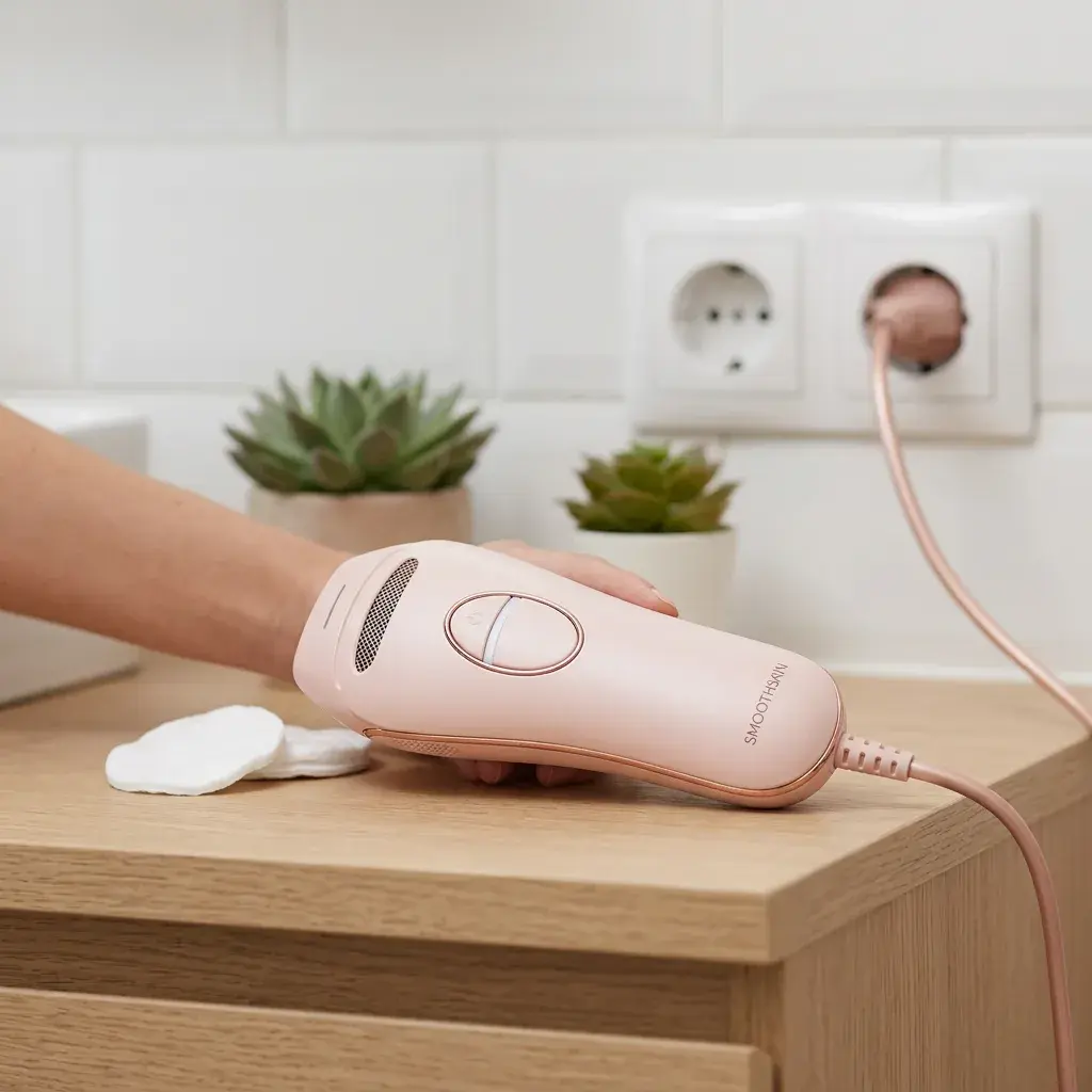 KI-Visualisierung: SmoothSkin Pure Switch Haarentfernungsgerät in heller Wohnumgebung
