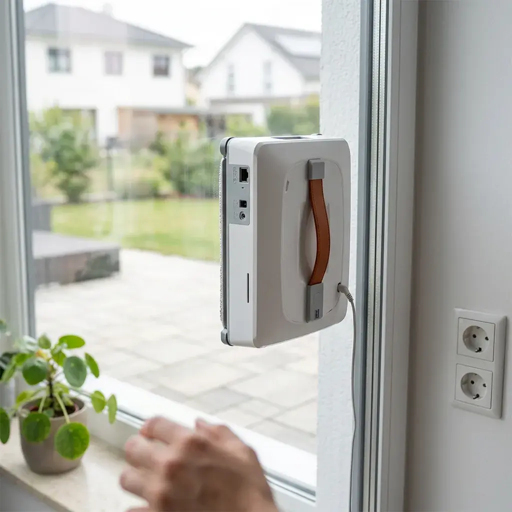 KI-Visualisierung: Lazurec A9 Pro Fensterputzroboter Reinigungsroboter an einer Glasscheibe