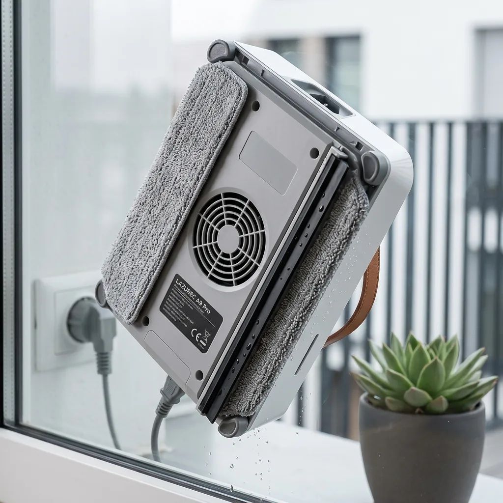 KI-Visualisierung: Lazurec A9 Pro Fensterputzroboter Saugmechanismus und Reinigungspads eines Roboters