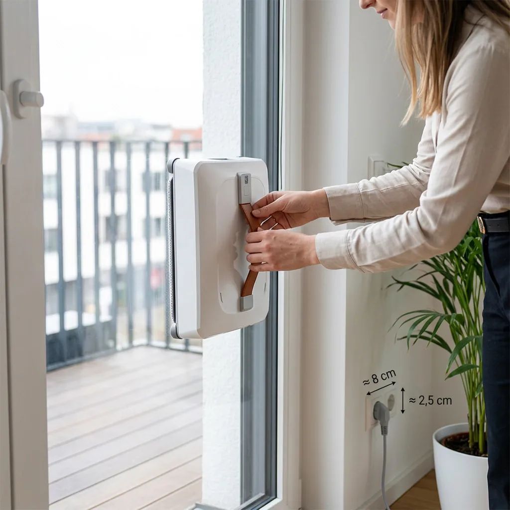 KI-Visualisierung: Lazurec A9 Pro Fensterputzroboter Fensterputzroboter wird an Scheibe angesetzt